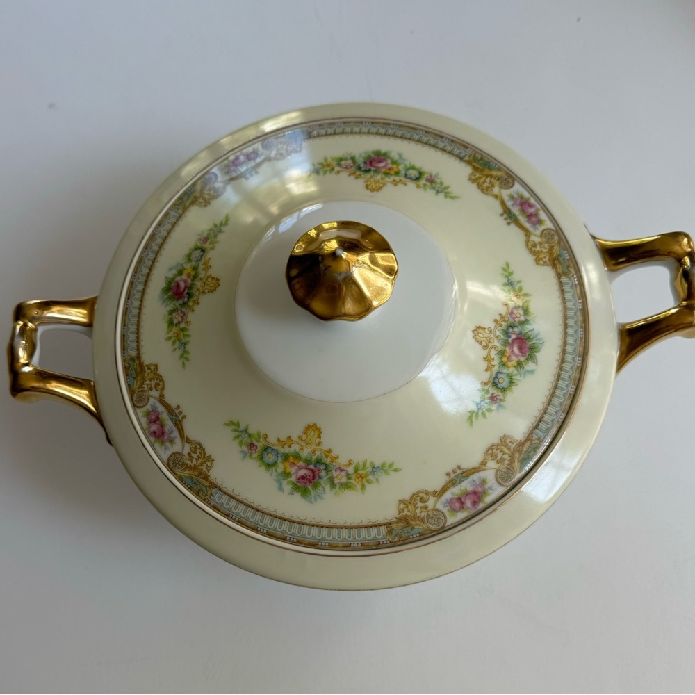 IMPERIAL CHINA Antique Vintage Covered Vegetable Dish with Gold, Blue, & Floral